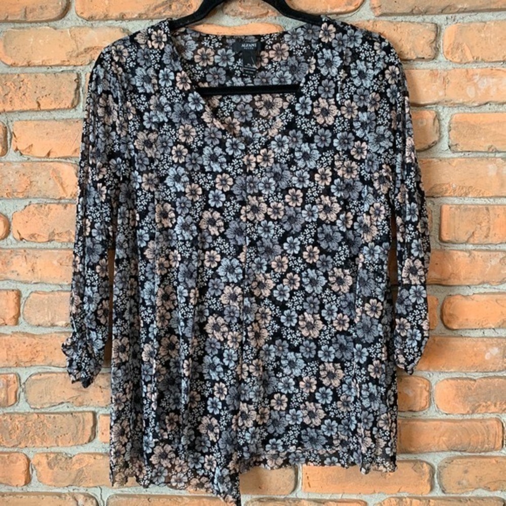 Alfani Petite Floral Sheer Mesh Long Sleeve Top‎ Women's Large Black Pink Blue